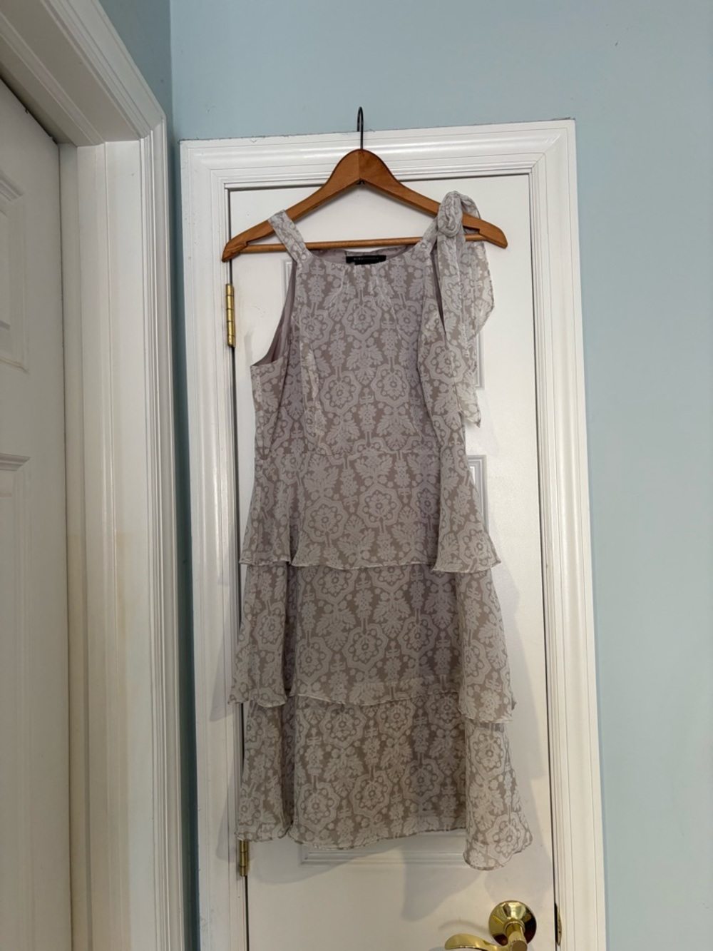 BCBGMaxAzria One-Shoulder Lace Tiered Dress in Taupe and cream. Very elegant